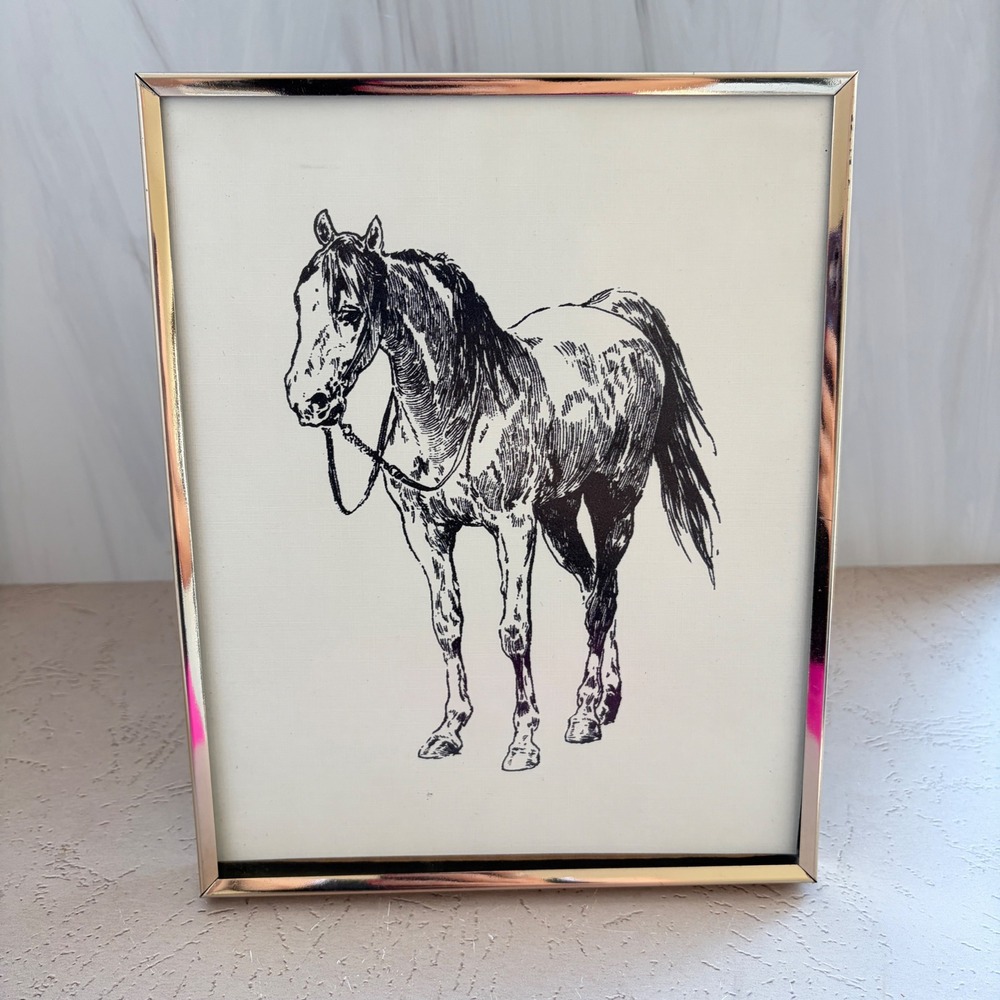 Vintage Horse Sketch Art Print in Embossed Brass Frame 8x10 Equestrian Decor